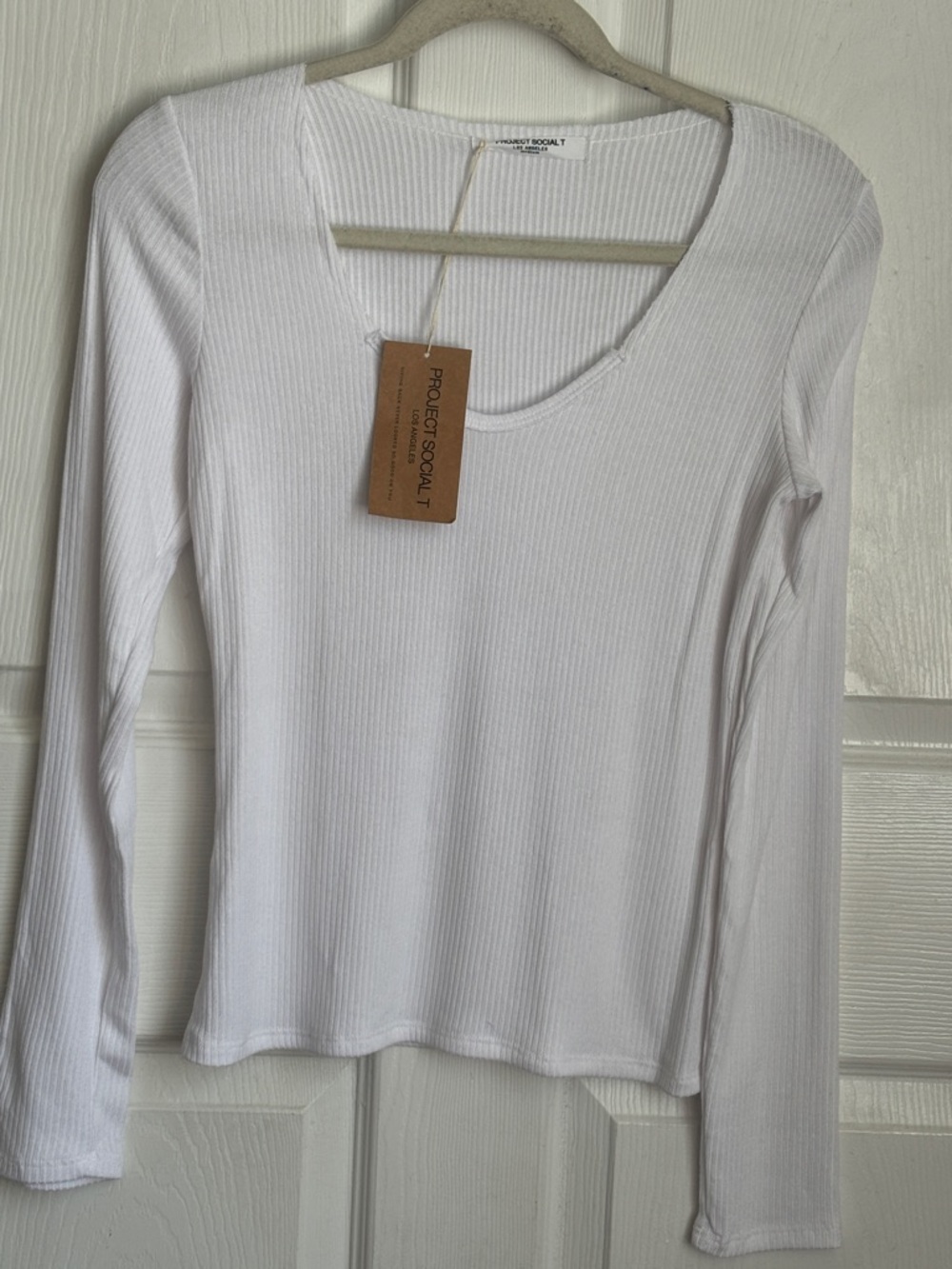 NEW Project Social T Y2K White Ribbed Long Sleeve Scoop Top size Medium